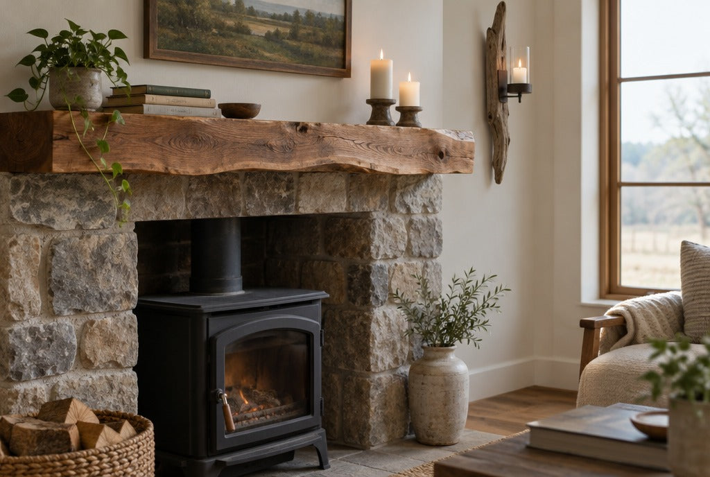 A live-edge solid wood mantel shelf above a stone fireplace with a wood stove in a farmhouse, styled with candles, a small plant and books, a driftwood wall sconce beside it