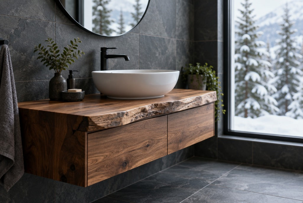 A live-edge solid wood floating bathroom vanity with drawers and a white vessel sink, matte black faucet, slate tile wall and a window with snowy pines