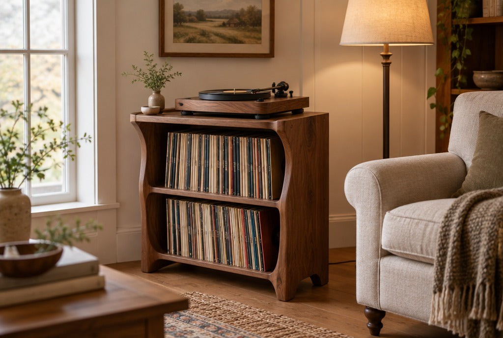 A sculpted solid wood record player stand with a turntable and rows of vinyl records in a cozy farmhouse living room corner with an armchair, warm lamp light