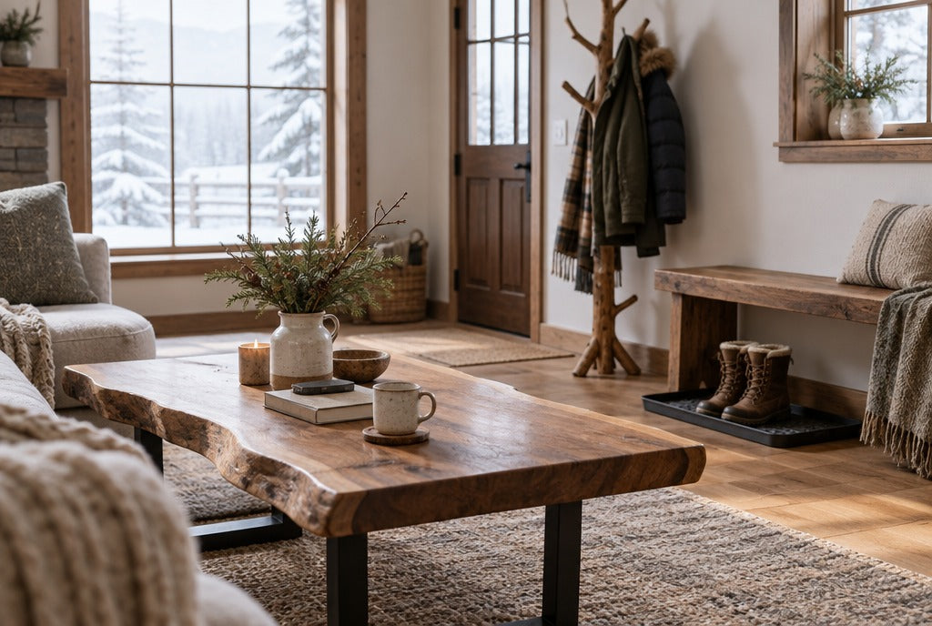 A cozy winter farmhouse room with a live-edge solid wood coffee table, a wooden entryway bench with boots on a tray, a tree-branch coat rack with winter coats, snowy window