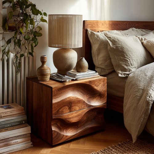 Aurelin Wave Handcrafted Wood Bedside Table