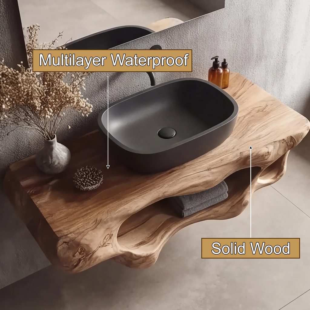 Corva Sculpted Solid Wood Floating Bathroom Vanity With Open Storage
