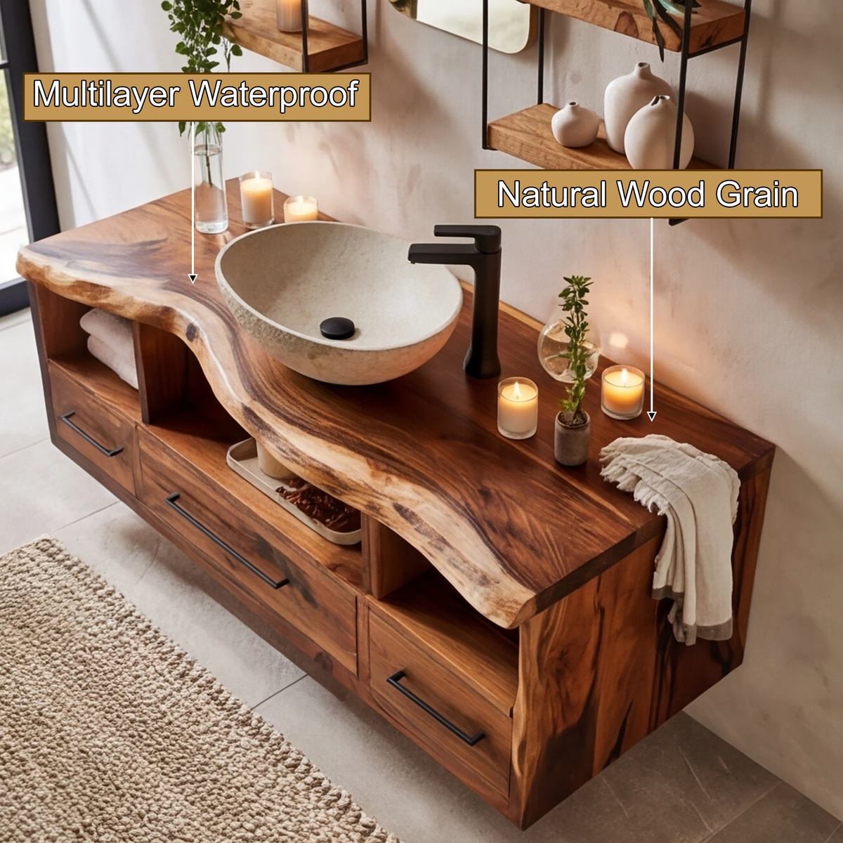 Vareon Live Edge Solid Wood Floating Bathroom Vanity With Drawers