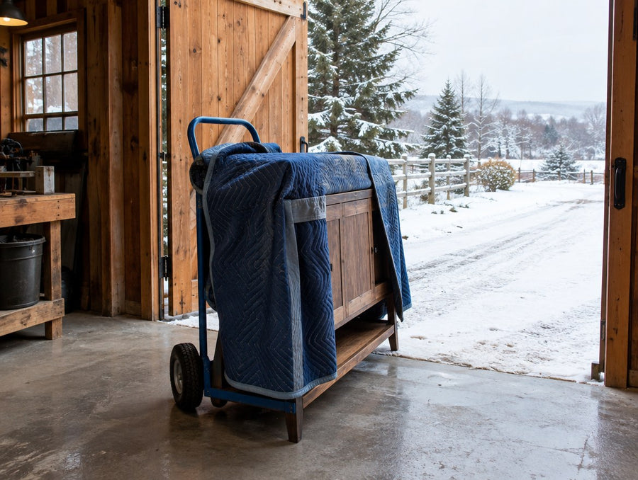 A solid wood console wrapped in moving blankets at the door of a barn-style shop in winter