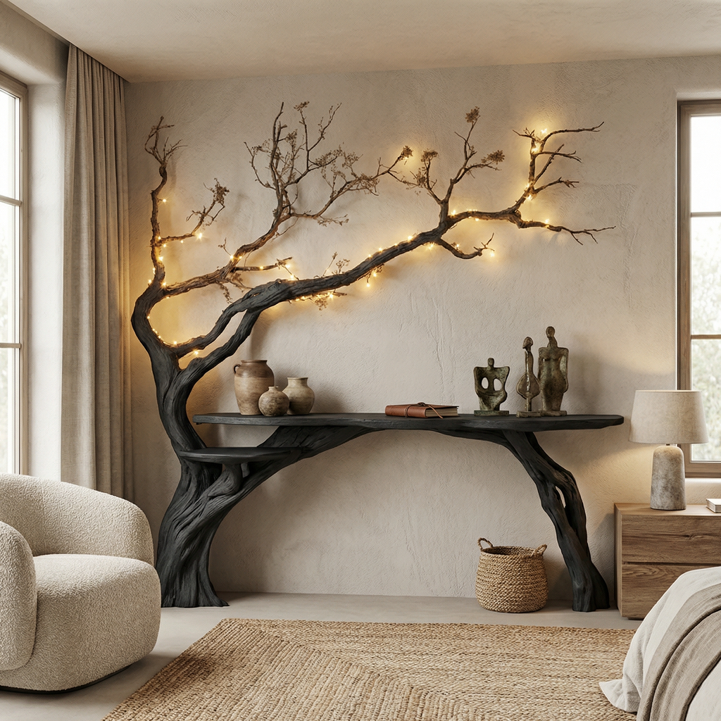 Natural Solid Wood Tree Bookshelf Rustic Side Table Farmhouse